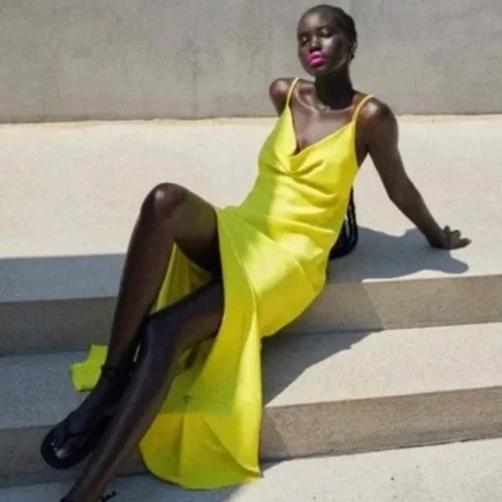 Zara Neon Green Satin Multi-position Strap Cowlneck Maxi Dress in Size S